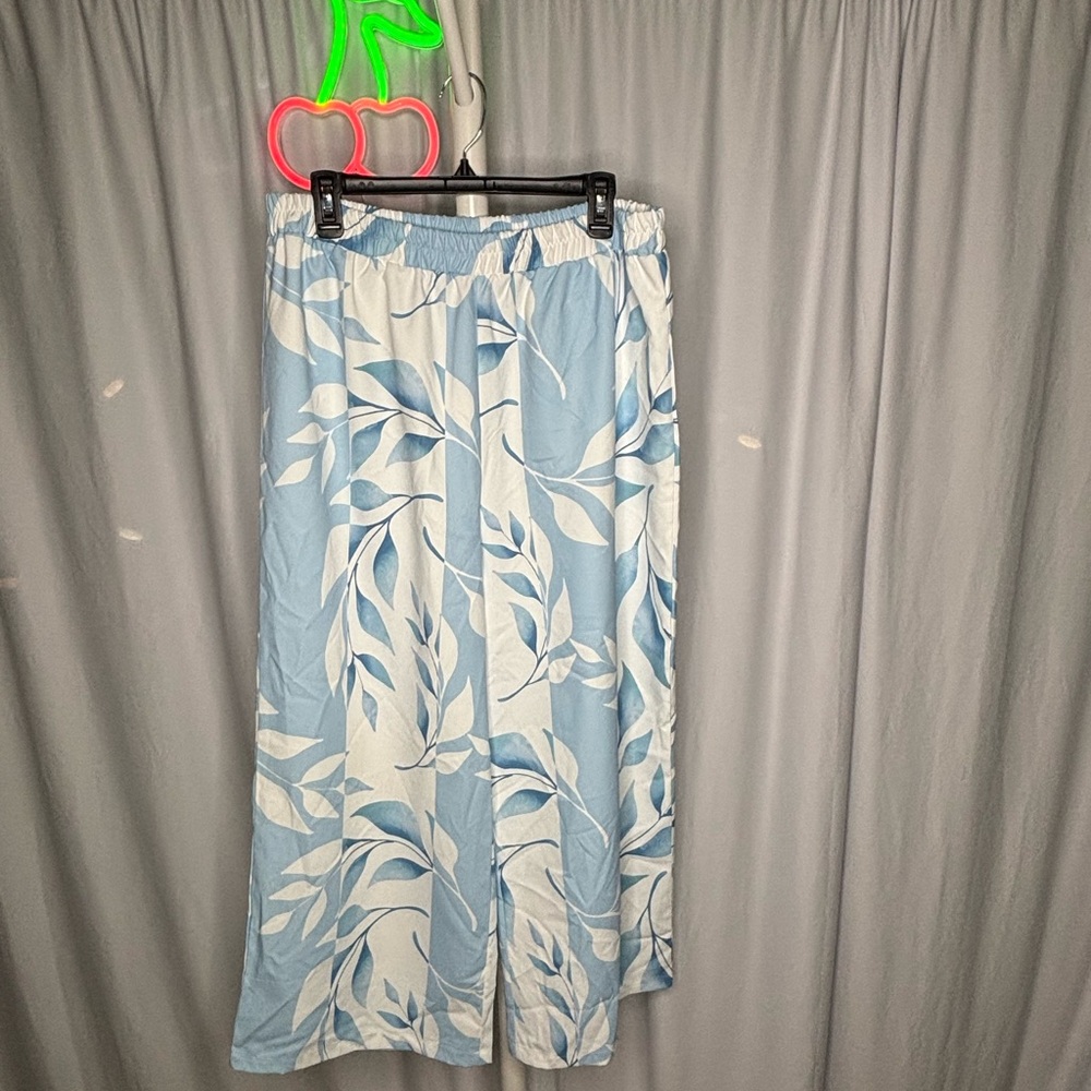 Blue and White Leaf Print Pants